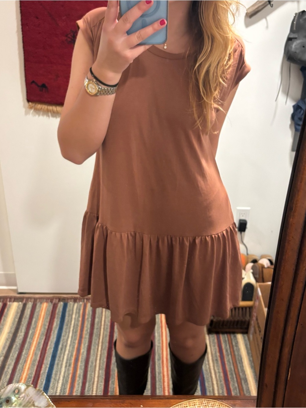 Lush Brown Ruffle-Hem Mini Dress